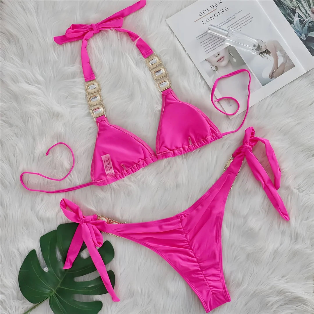AMEHE Rhinestone Halter Two-Piece Bikini Swimsuit