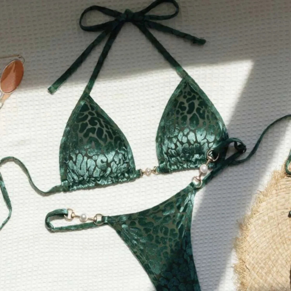 AMEHE Leopard Print Velvet Halter Two-Piece Bikini Swimsuit