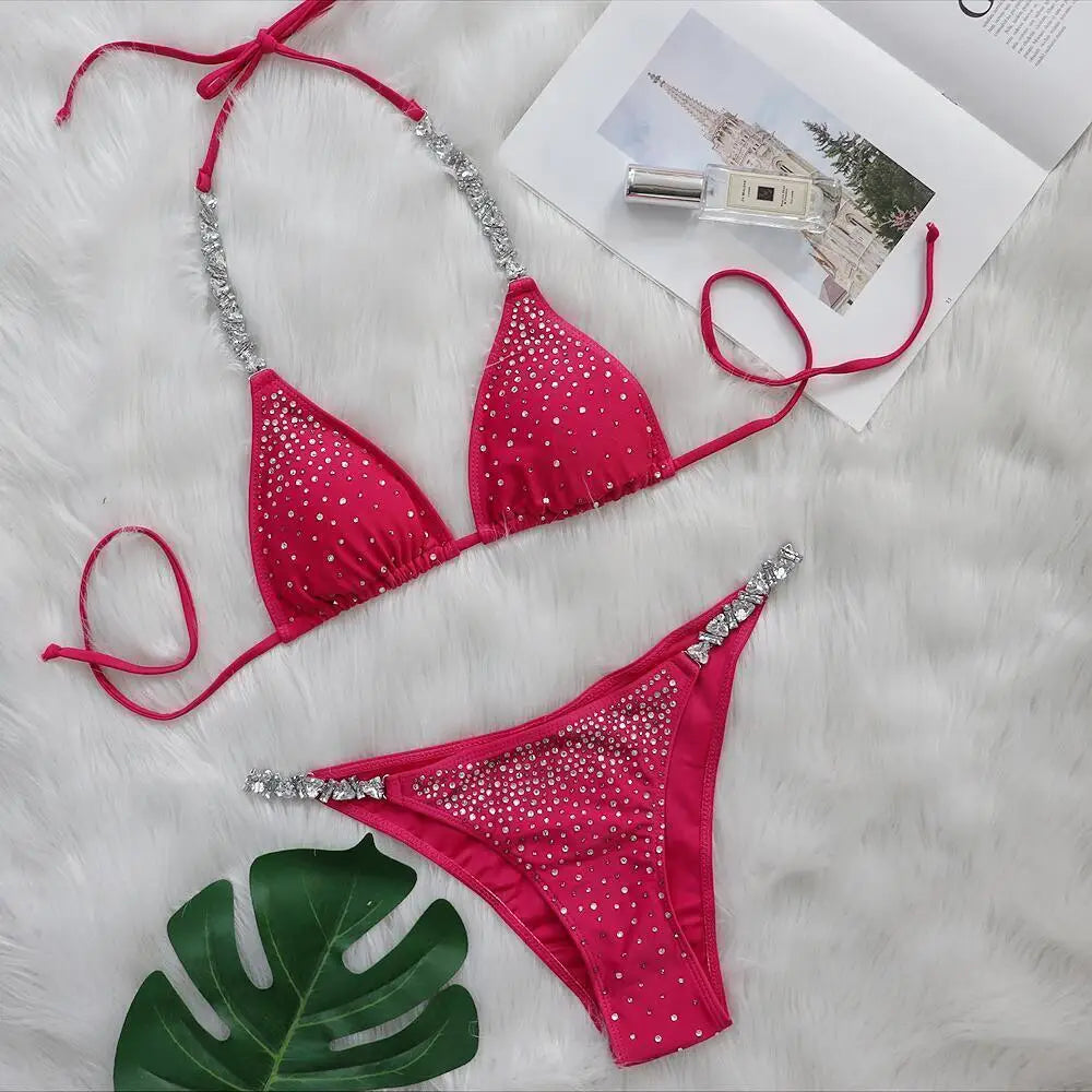 AMEHE Luxury Rhinestone Crystal Two-Piece Thong Bikini Swimsuit