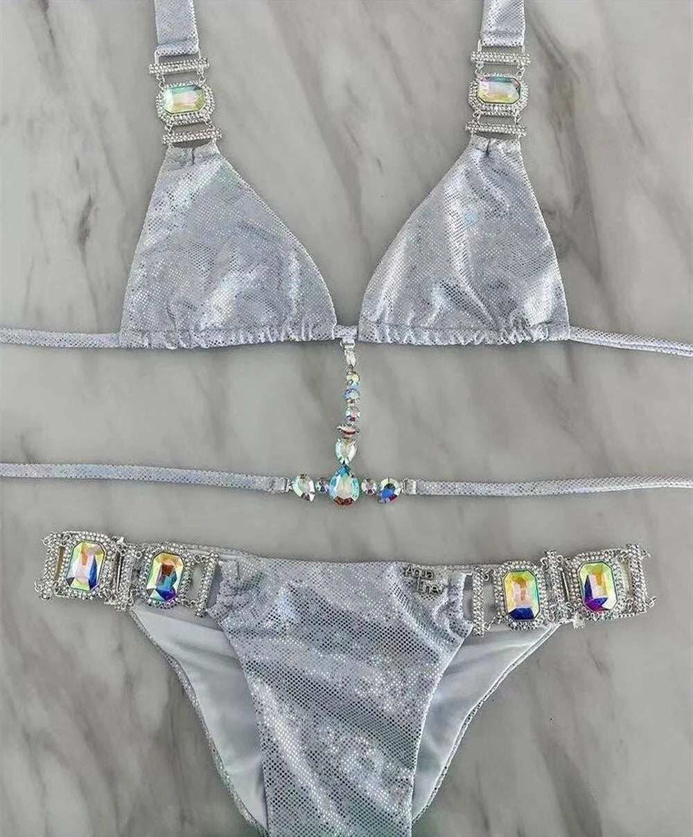 AMEHE Luxury Rhinestone Crystal Two-Piece Thong Bikini Swimsuit