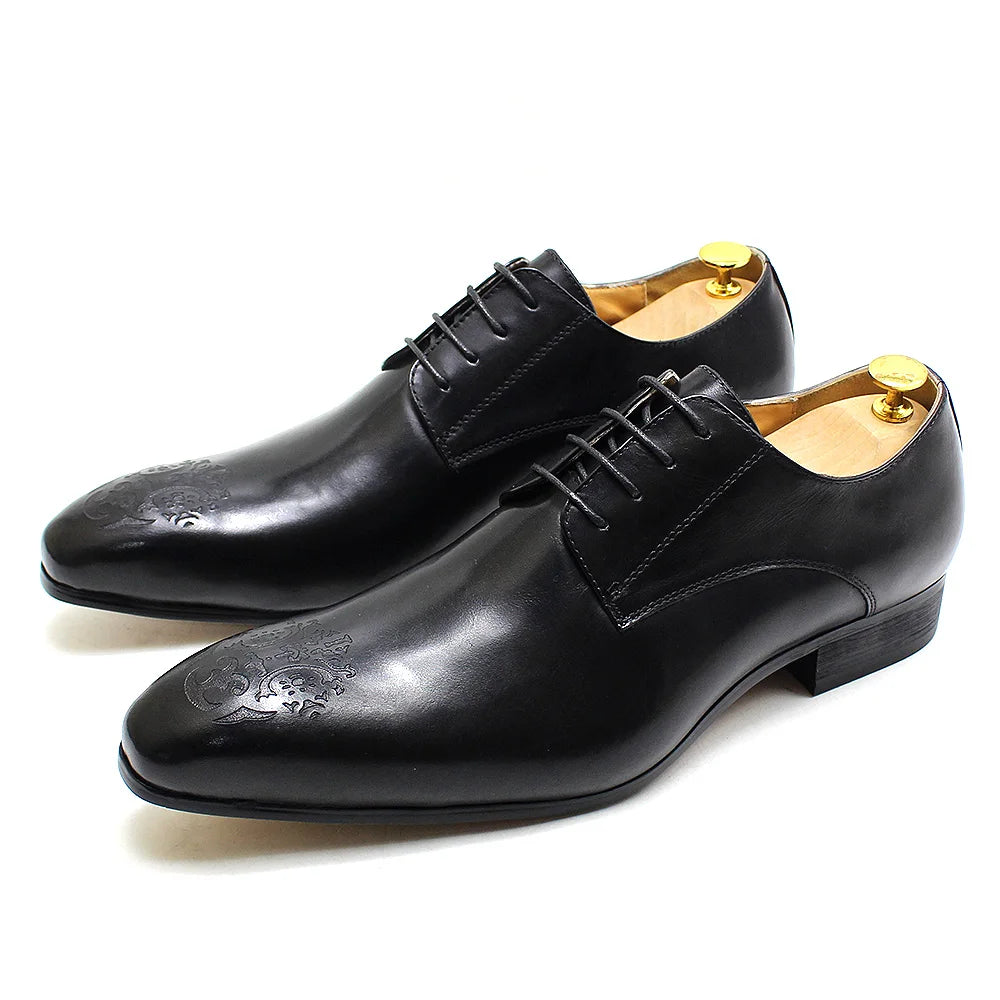 Elegant Men’s Oxford Derby Shoes – Genuine Leather, Pointed Toe