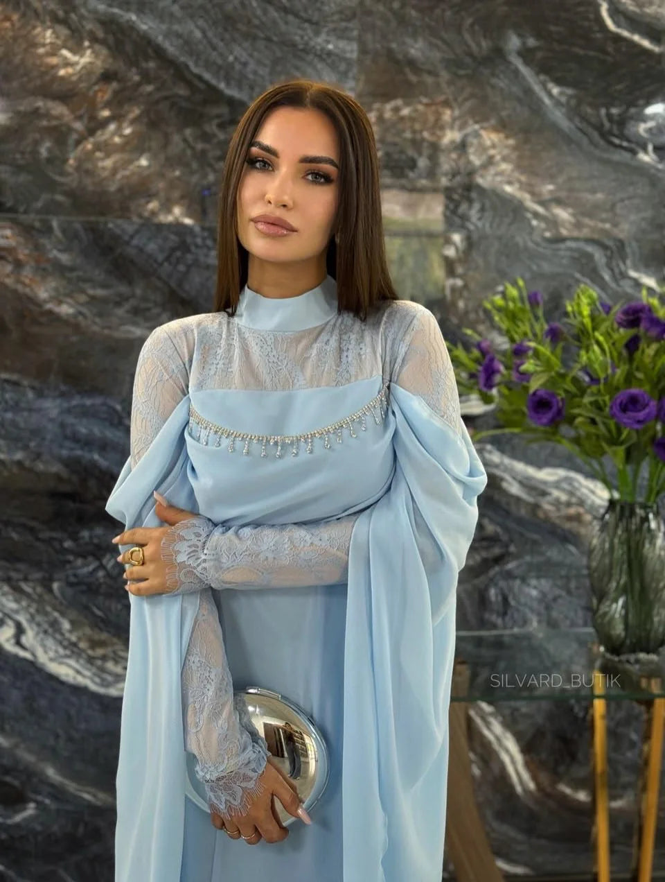 Women’s Light Blue Modest Evening Gown – High Neck Cape Sleeve Formal Dress