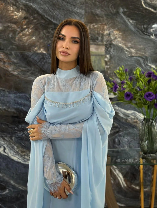 Women’s Light Blue Modest Evening Gown – High Neck Cape Sleeve Formal Dress