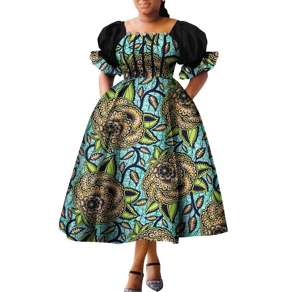 Women’s African Print Puff Sleeve Maxi Dress – High Waist Princess Gown
