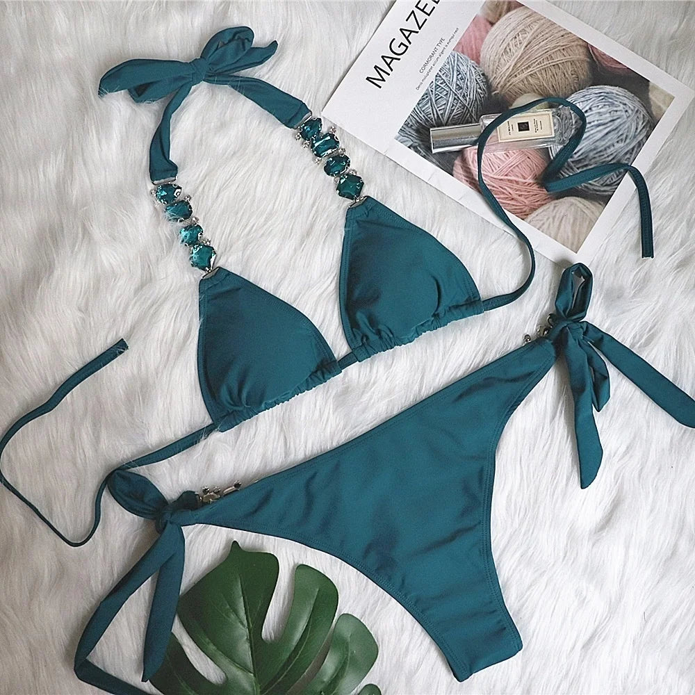AMEHE Luxury Rhinestone Crystal Two-Piece Thong Bikini Swimsuit
