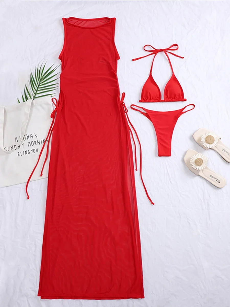 AMEHE Solid Color 3-Piece Bikini Set with Beach Cover-Up Dress