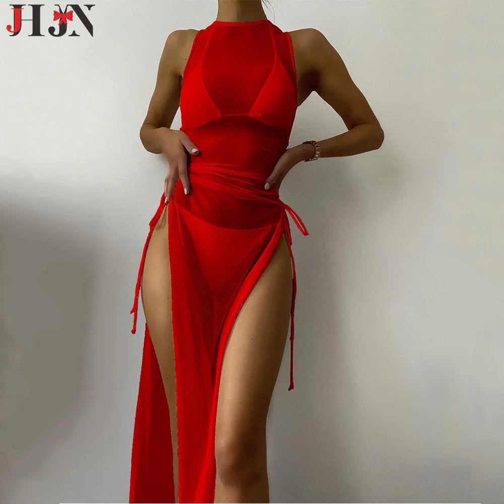 AMEHE 3-Piece Solid Color Bikini Set with Maxi Cover-Up Dress