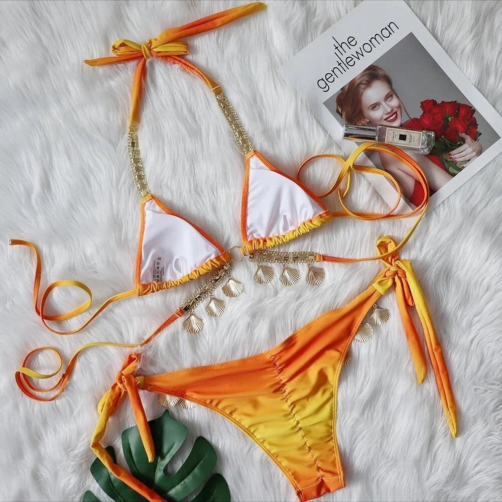 AMEHE Luxury Rhinestone Crystal Two-Piece Thong Bikini Swimsuit