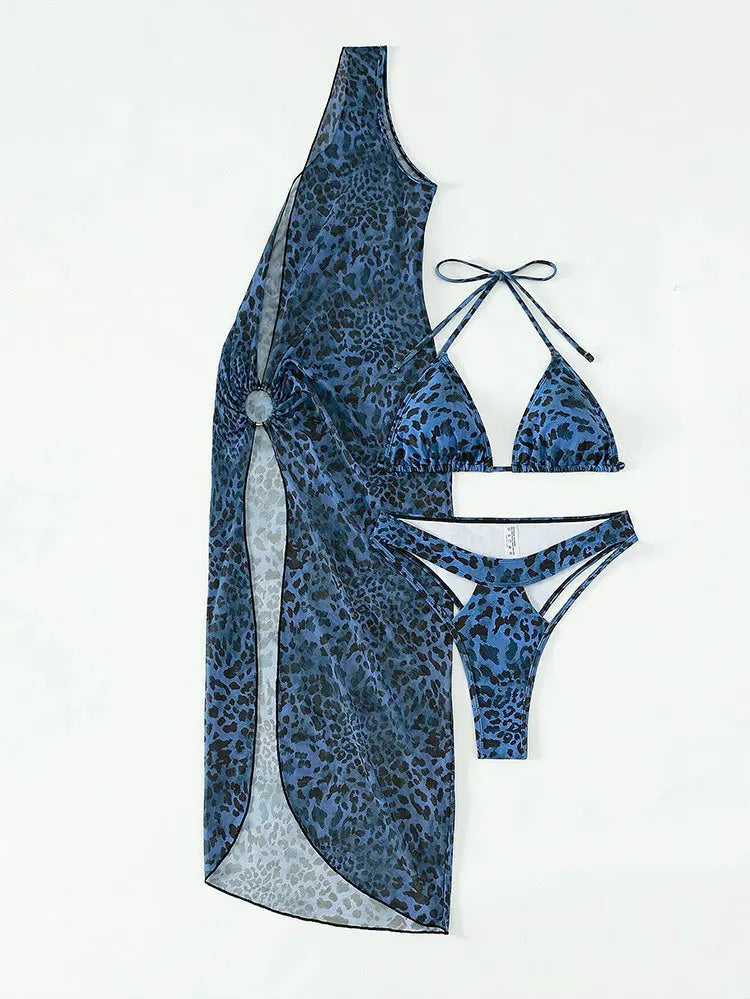AMEHE 3-Piece Leopard Print Bikini with Mesh Beach Skirt
