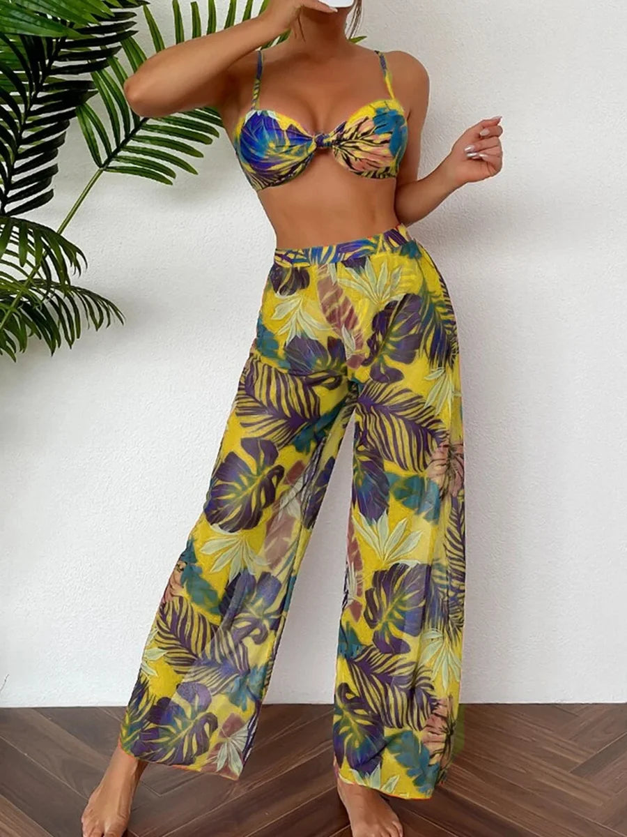 AMEHE 3-Piece Strappy Printed Bikini Set with Beach Pants