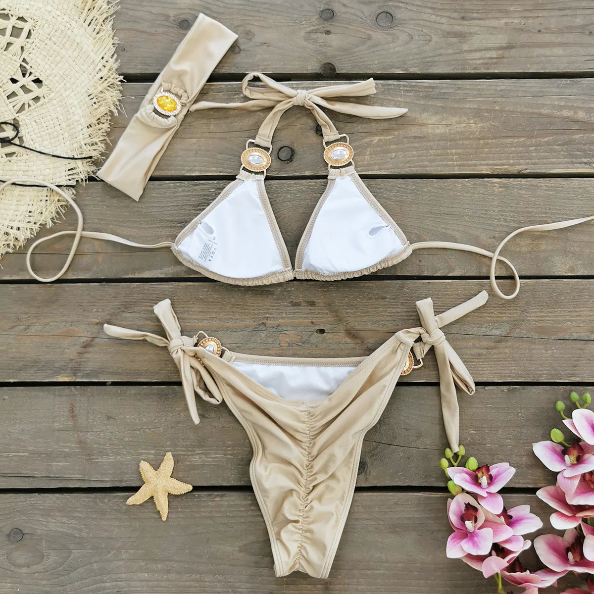 AMEHE Rhinestone Halter Bikini with Beach Skirt – 3-Piece Swimwear Set