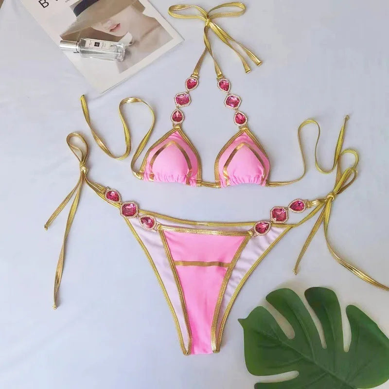 AMEHE Luxury Rhinestone Crystal Two-Piece Thong Bikini Swimsuit