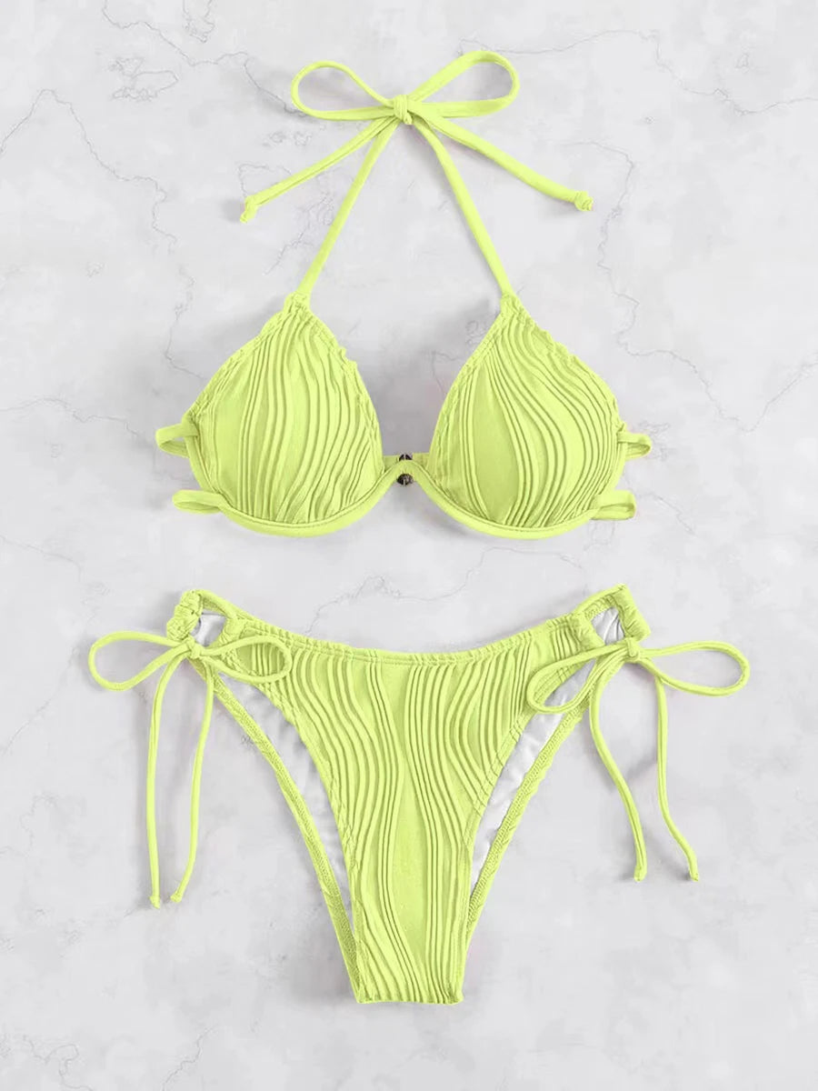 Women's Halter String Push-Up Bikini Set – Solid Color Two-Piece Swimsuit, Sexy Beach Swimwear
