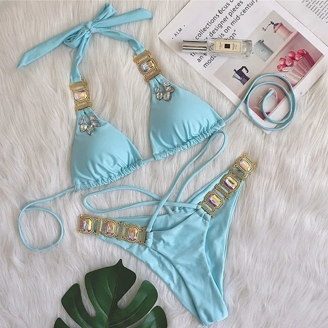 AMEHE Luxury Rhinestone Crystal Two-Piece Thong Bikini Swimsuit