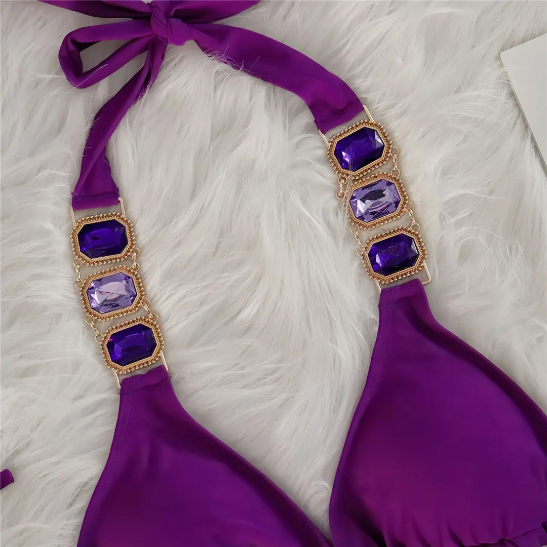 AMEHE Rhinestone Halter Two-Piece Bikini Swimsuit