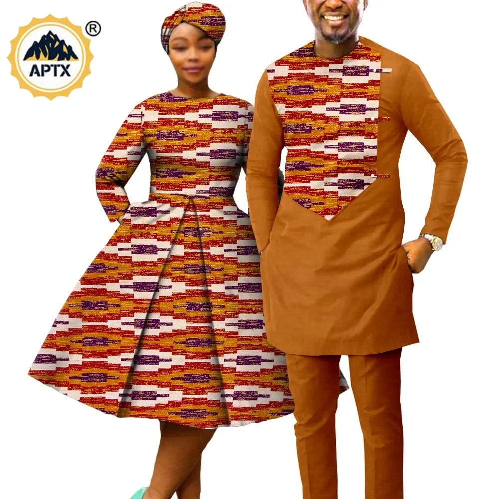 African Matching Couple Outfits – Women’s Print Dress & Headwrap with Men’s