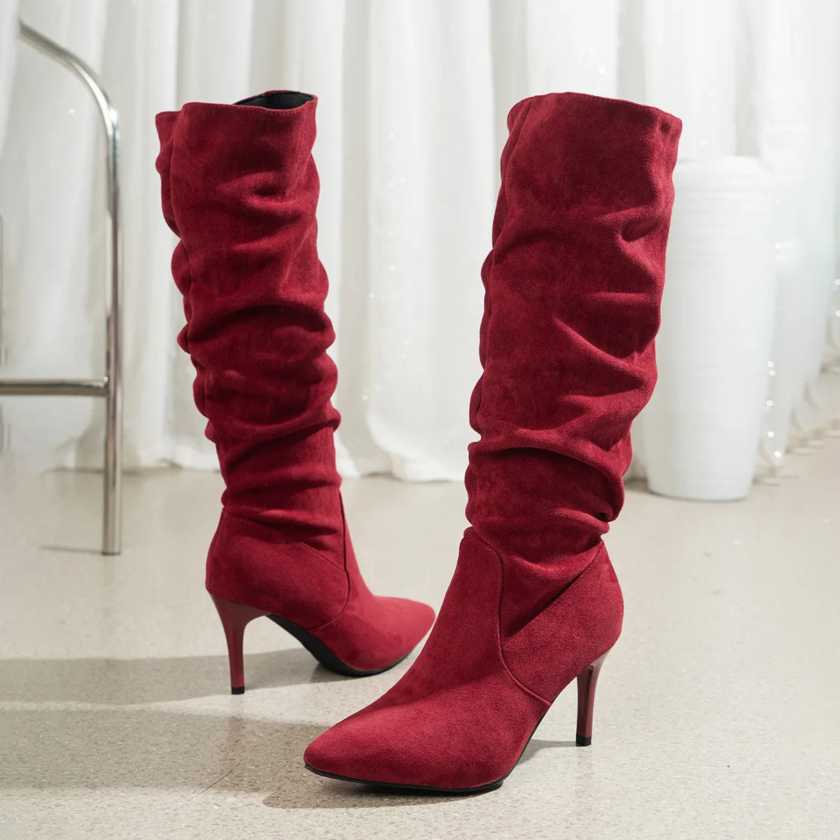 Ladies’ Suede Knee Boots – High Heels, Solid Color