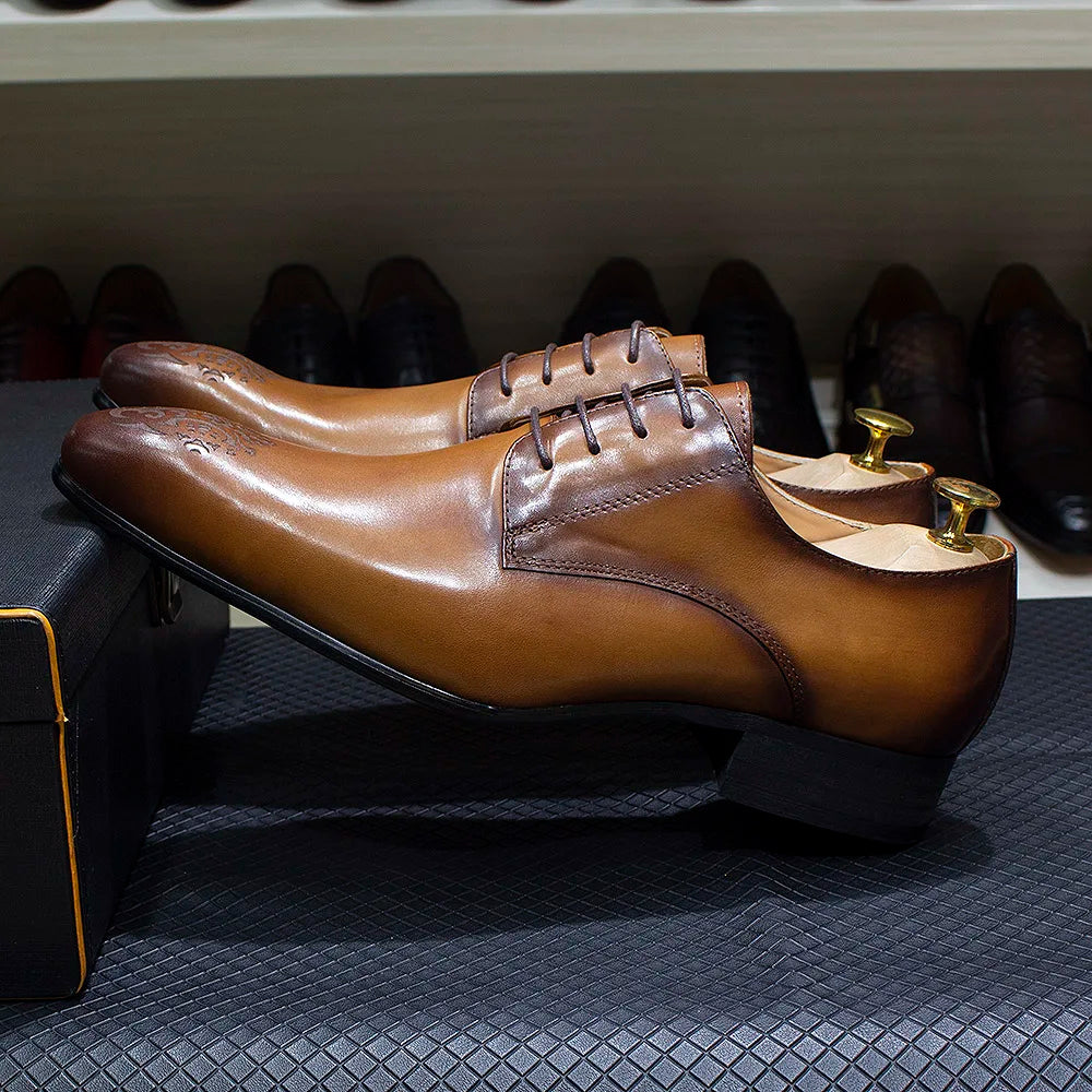 Elegant Men’s Oxford Derby Shoes – Genuine Leather, Pointed Toe