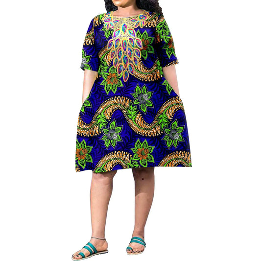 Women’s Plus Size African Print Knee-Length Dress – Colorful Short Sleeve Casual Style