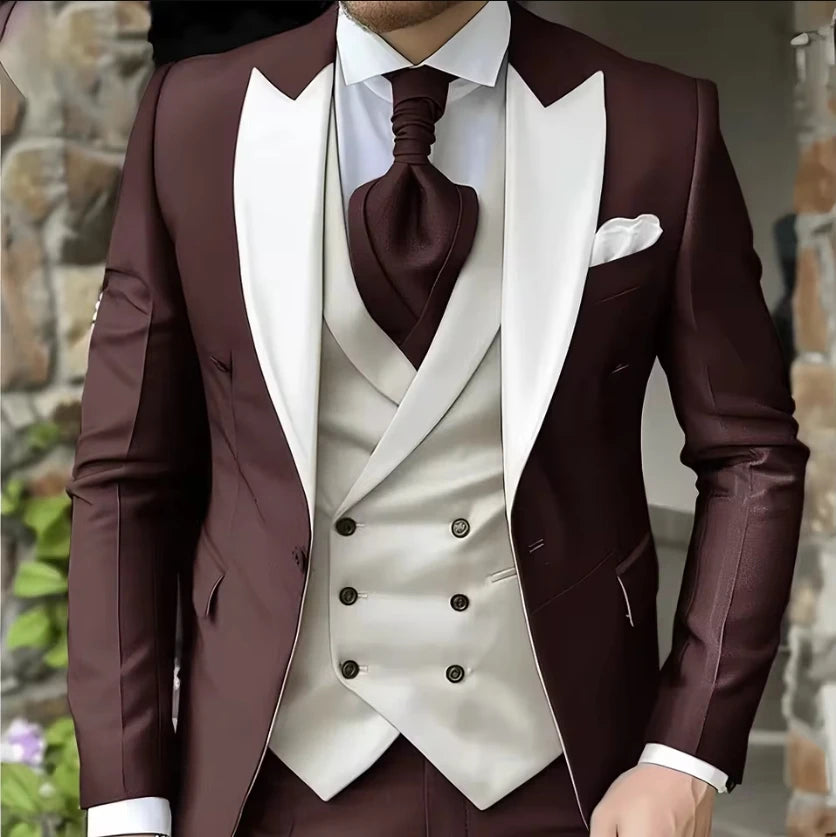 AMEHE Men’s White 3-Piece Tuxedo Suit – Blazer, Vest & Pants