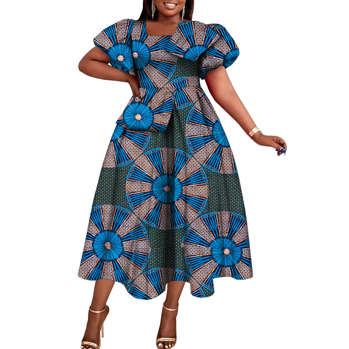 Women’s African Print Short Sleeve Dress – Elegant Dashiki-Inspired Party & Celebration Attire