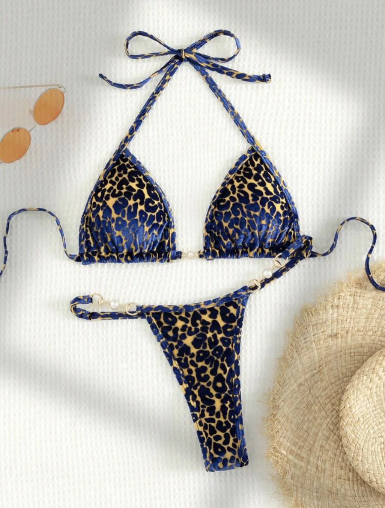 AMEHE Leopard Print Velvet Halter Two-Piece Bikini Swimsuit