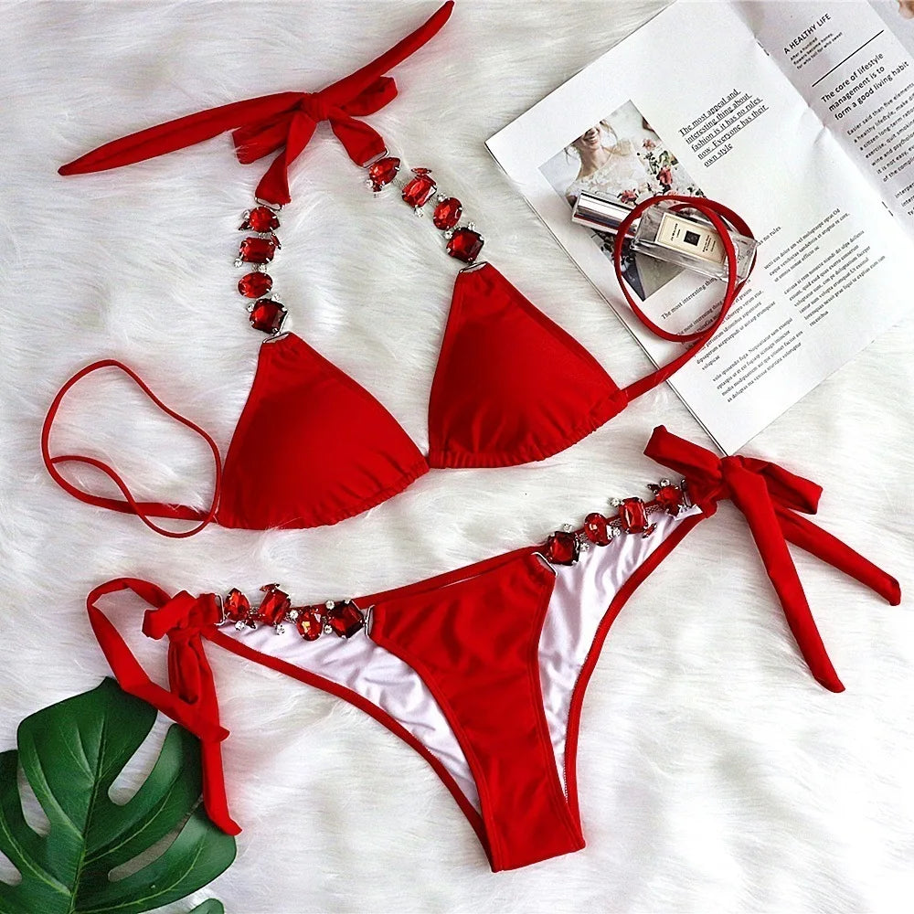 AMEHE Luxury Rhinestone Crystal Two-Piece Thong Bikini Swimsuit