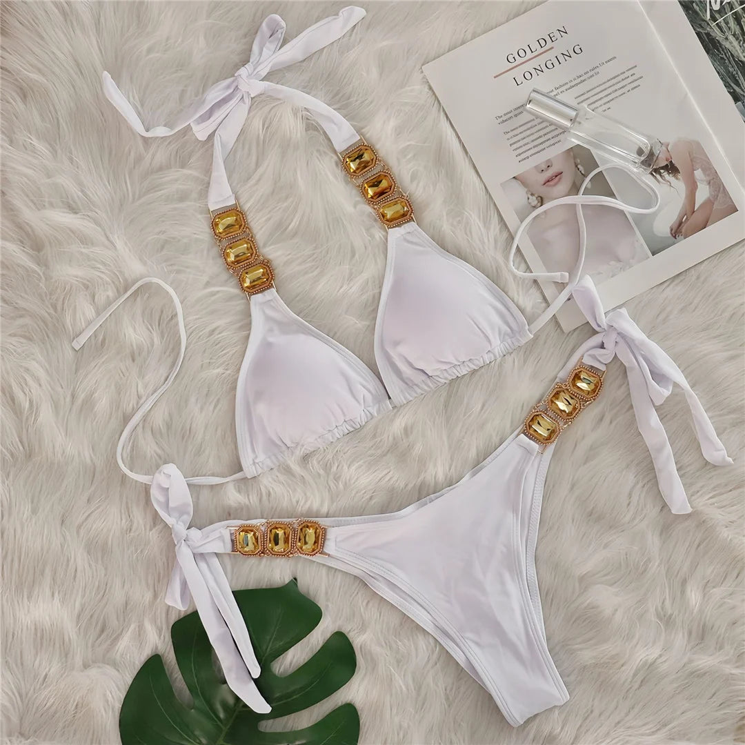 AMEHE Rhinestone Halter Two-Piece Bikini Swimsuit