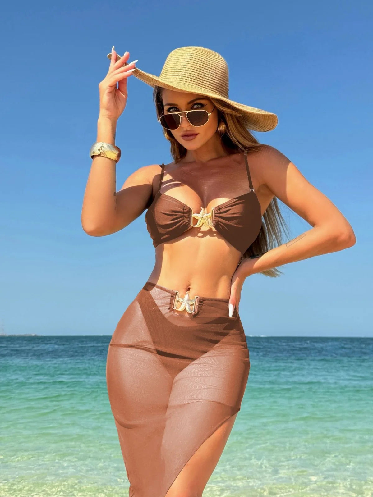 AMEHE 3-Piece High-Waist Push-Up Bikini Set with Starfish Detail