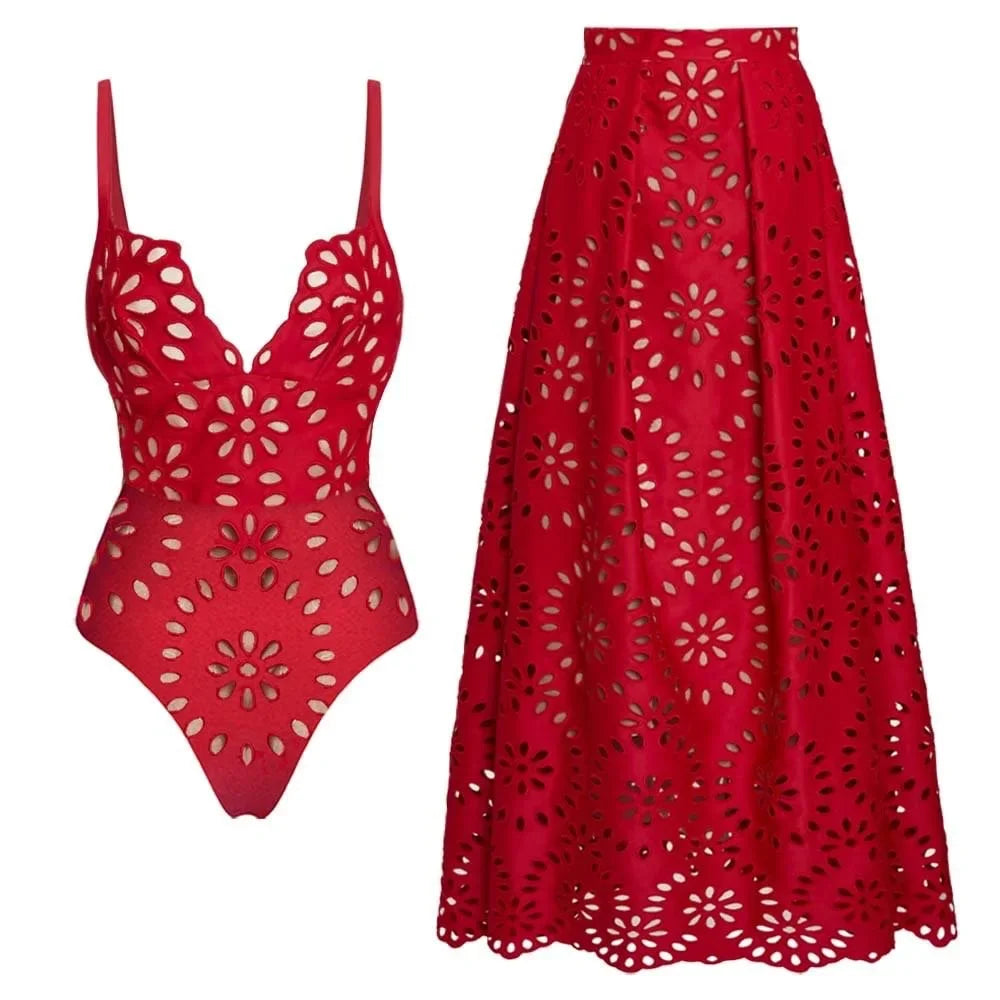 AMEHE Women's Lace Hollow-Out Backless Two-Piece Swimsuit