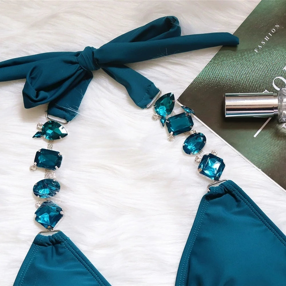 AMEHE Luxury Rhinestone Crystal Two-Piece Thong Bikini Swimsuit