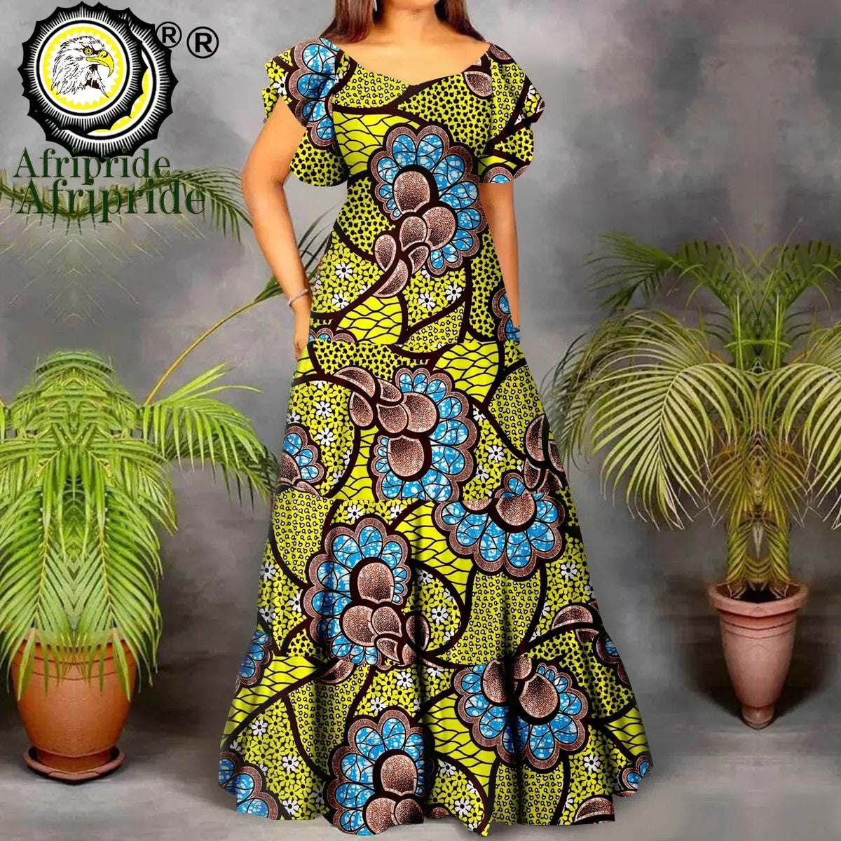 Women’s African Print Maxi Dress – Short Sleeve High Waist Elegant Party & Wedding Attire