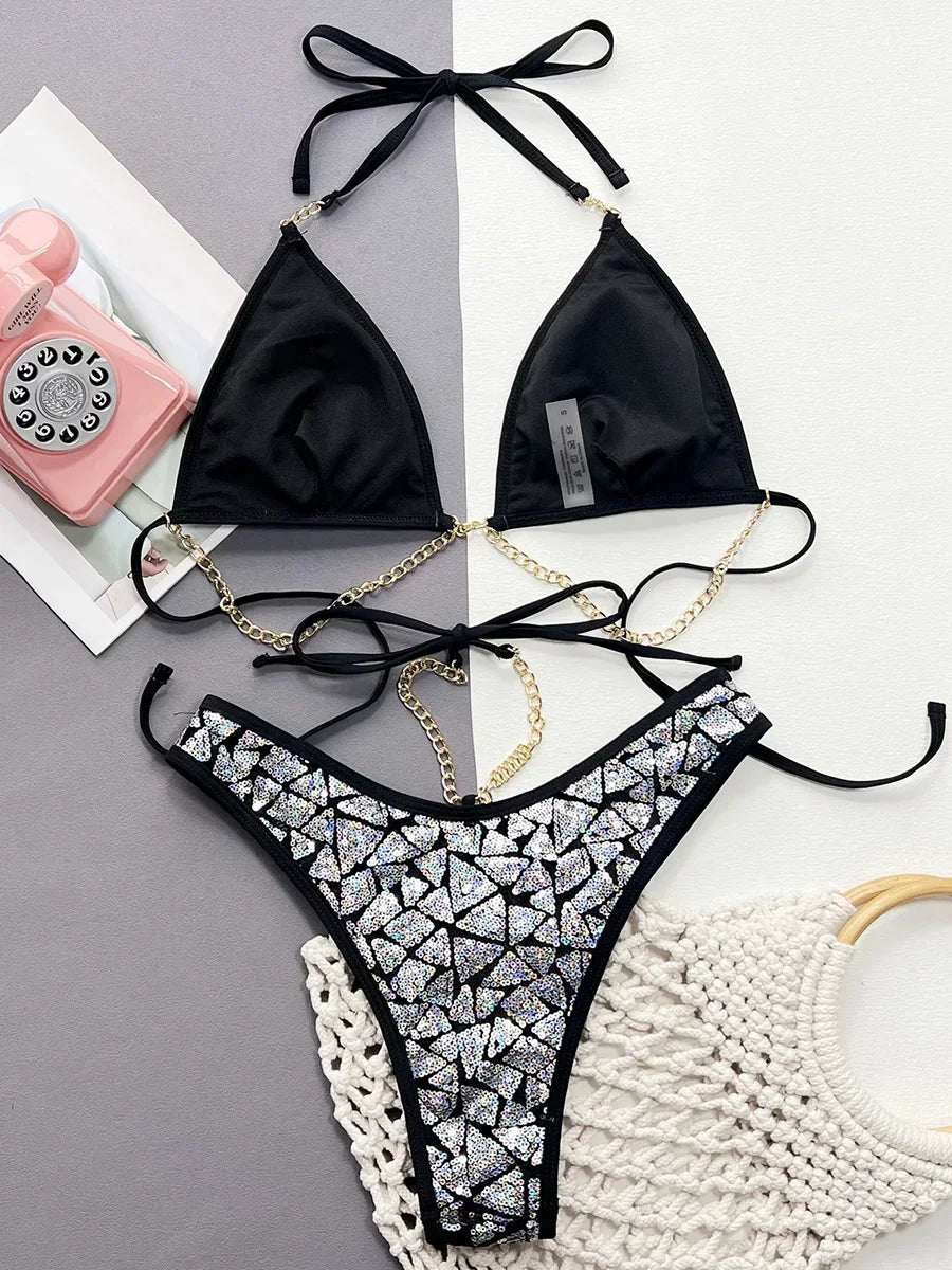 AMEHE Sequin Halter Bikini with Metal Chain Accents