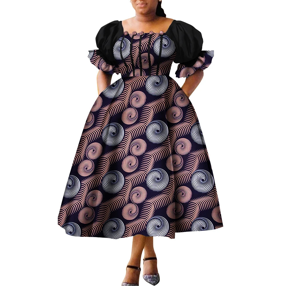Women’s African Print Puff Sleeve Maxi Dress – High Waist Princess Gown