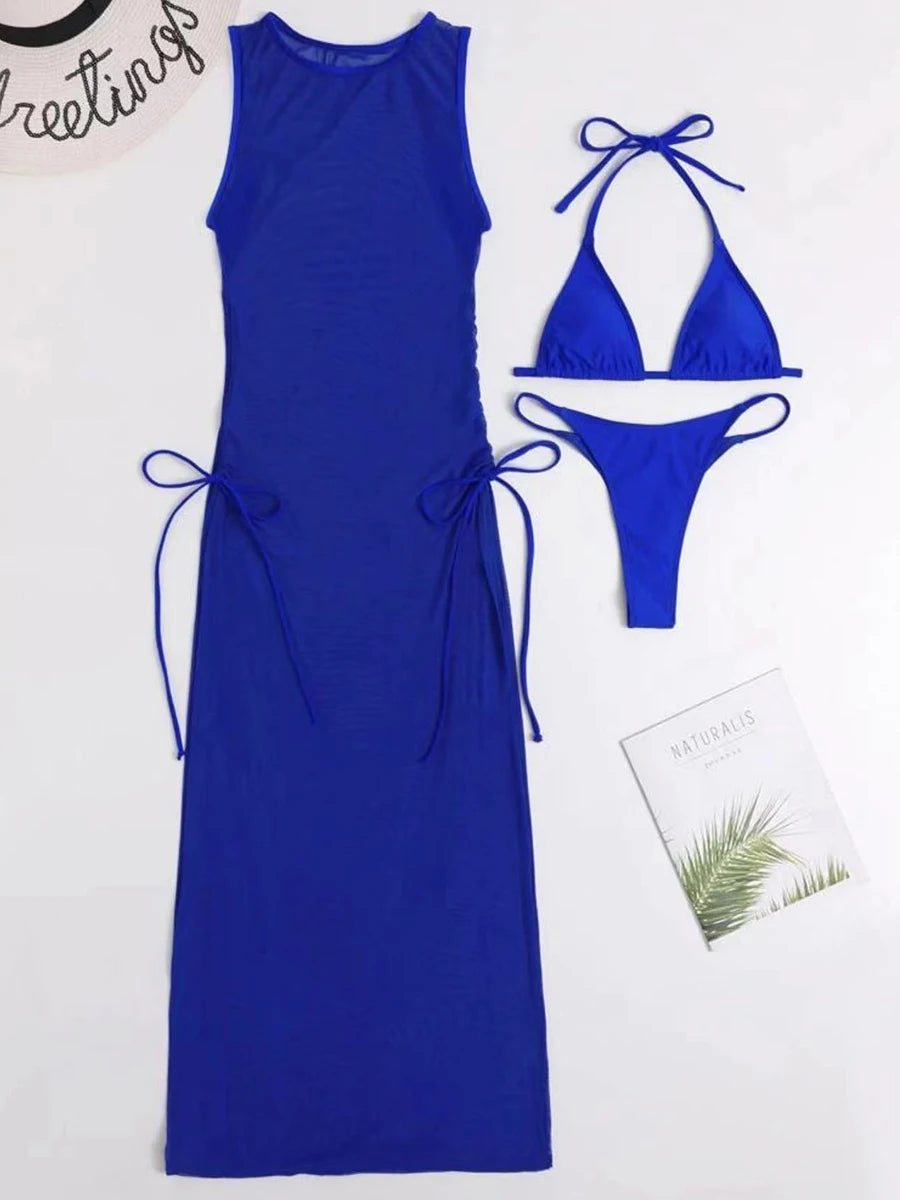 AMEHE Solid Color 3-Piece Bikini Set with Beach Cover-Up Dress