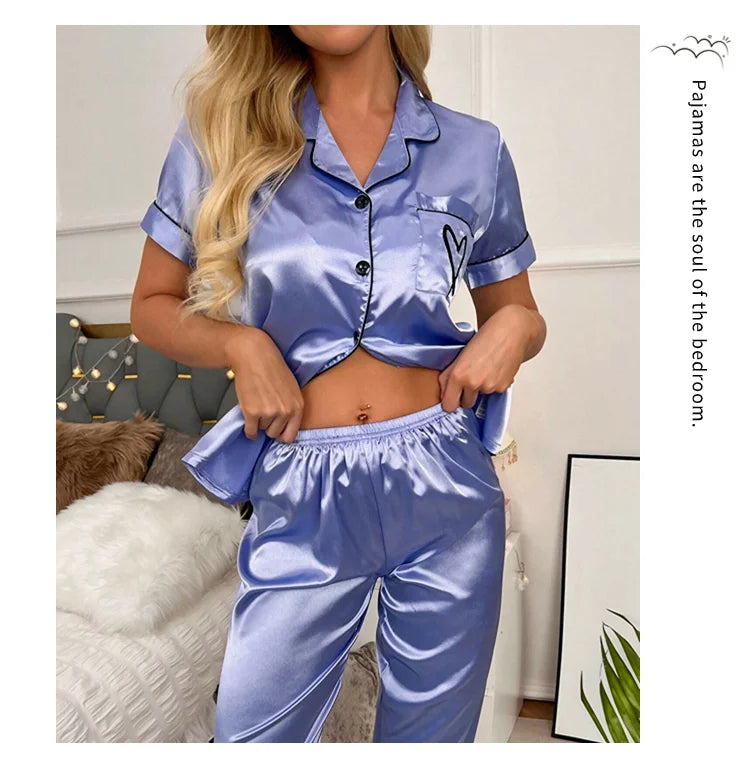 AMEHE Women's Satin Heart Embroidered Button-Up Pajama Lounge Set