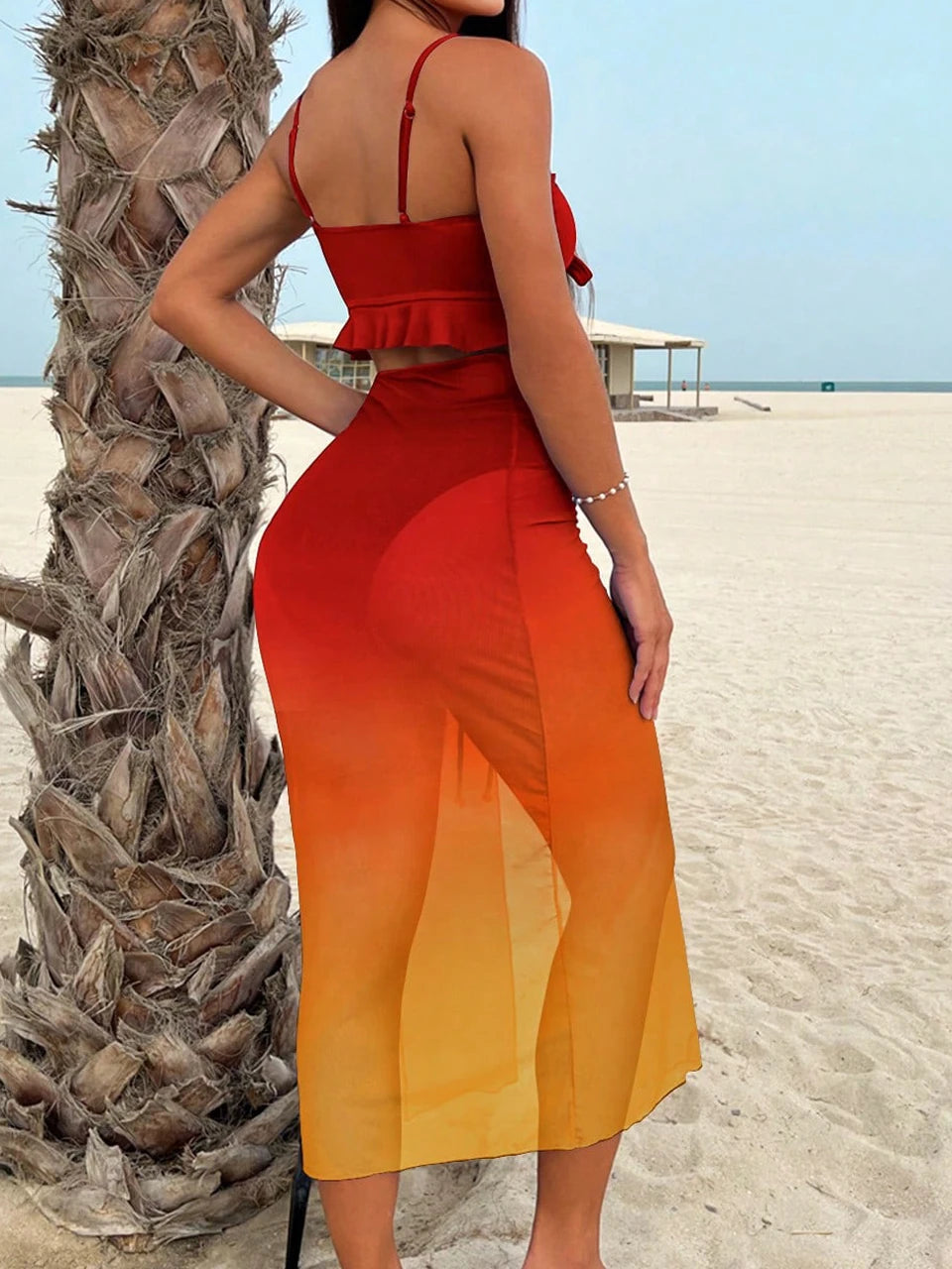 AMEHE 3-Piece Tie-Dye High-Waist Bikini with Drawstring Beach Skirt