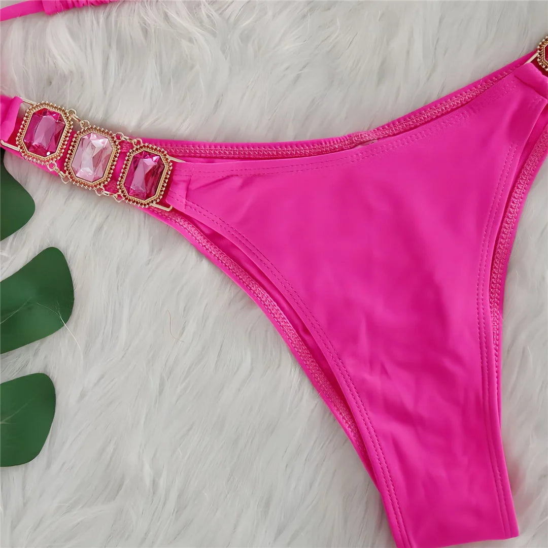 AMEHE Rhinestone Halter Two-Piece Bikini Swimsuit