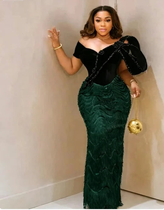 Women’s Black & Gold Velvet Mermaid Evening Gown – Luxury Formal Wedding & Prom Dress