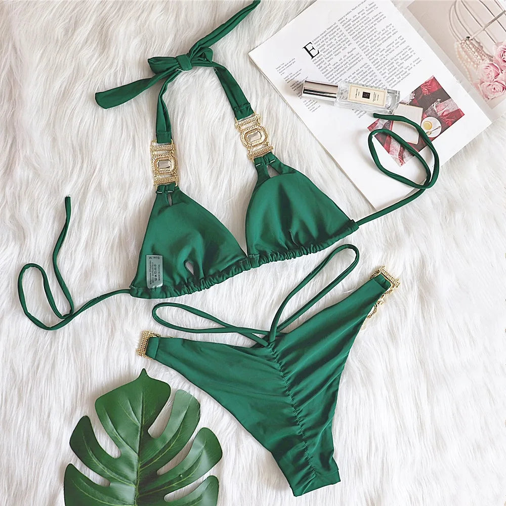 AMEHE Luxury Rhinestone Crystal Two-Piece Thong Bikini Swimsuit