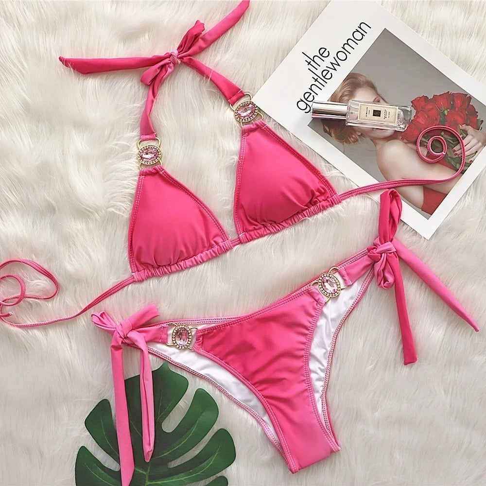 AMEHE Luxury Rhinestone Crystal Two-Piece Thong Bikini Swimsuit