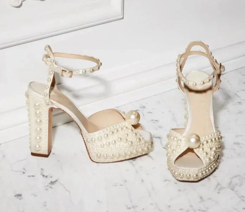 Luxury Beaded Thick Heel Sandals – Open Toe Style