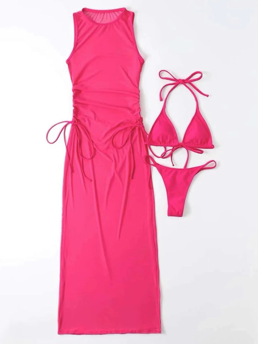 AMEHE Solid Color 3-Piece Bikini Set with Beach Cover-Up Dress
