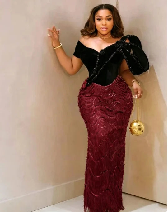Women’s Black & Gold Velvet Mermaid Evening Gown – Luxury Formal Wedding & Prom Dress