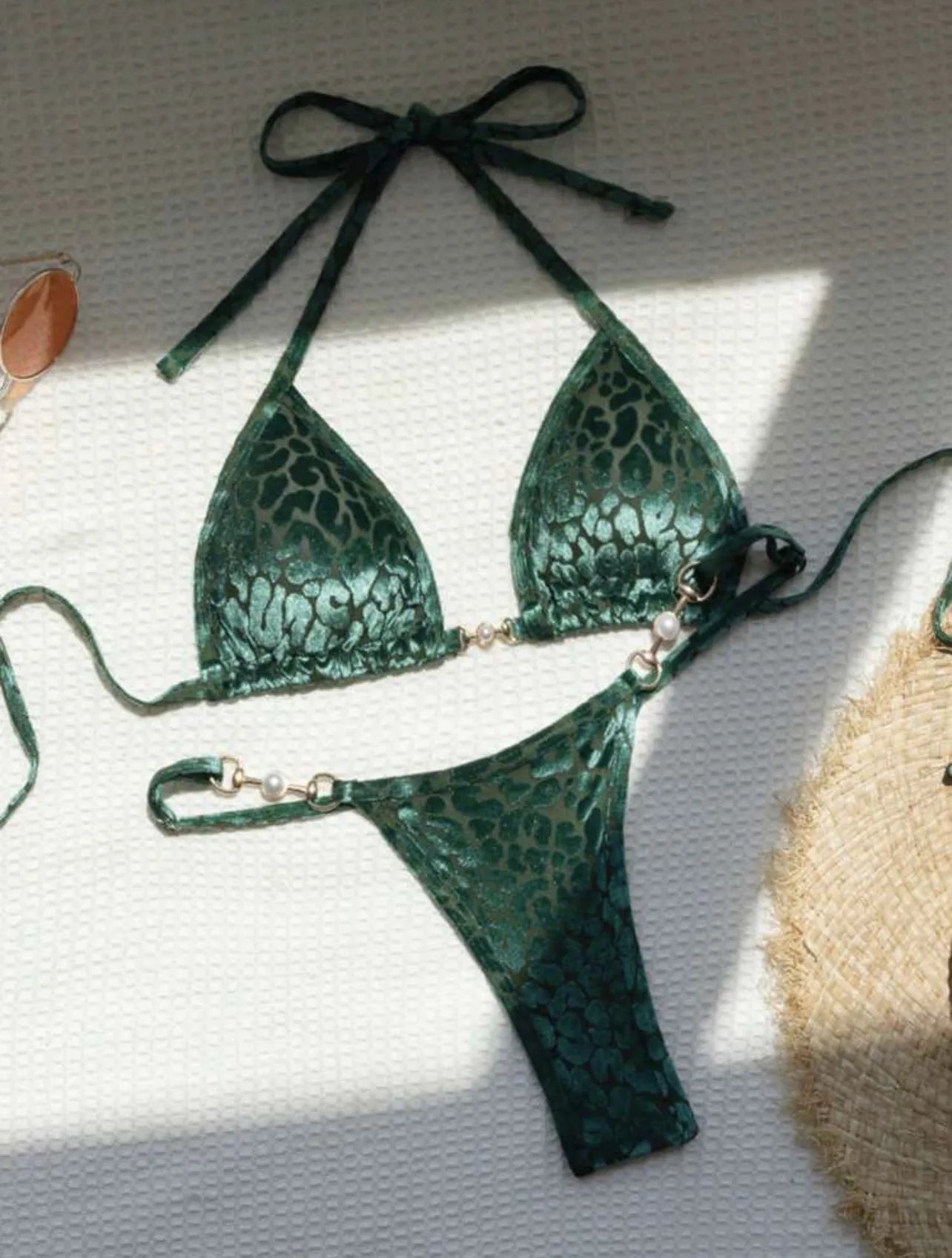 AMEHE Leopard Print Velvet Halter Two-Piece Bikini Swimsuit