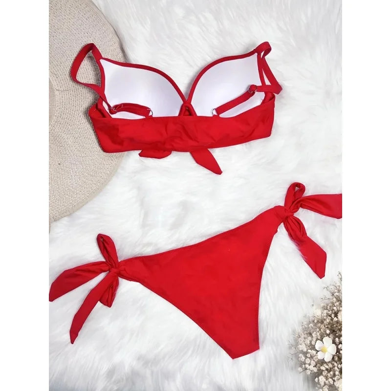 AMEHE Women's Classic Solid Color Push-Up Bandage Two-Piece Bikini
