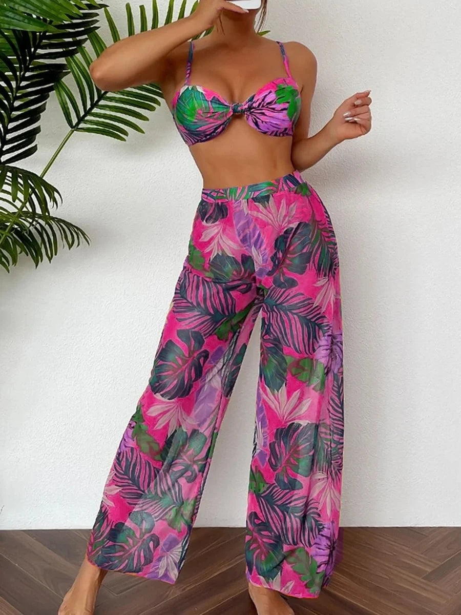 AMEHE 3-Piece Strappy Printed Bikini Set with Beach Pants