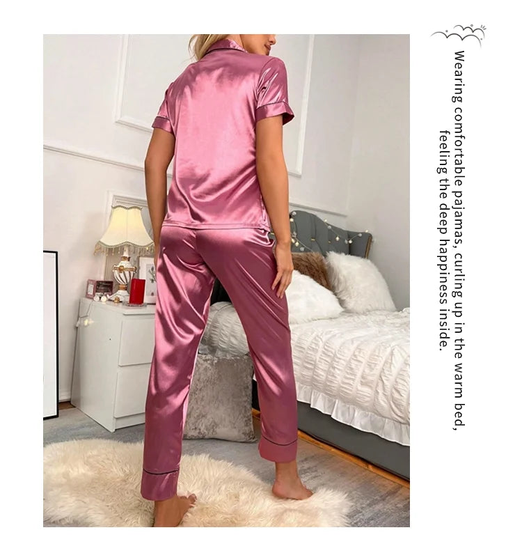 AMEHE Women's Satin Heart Embroidered Button-Up Pajama Lounge Set