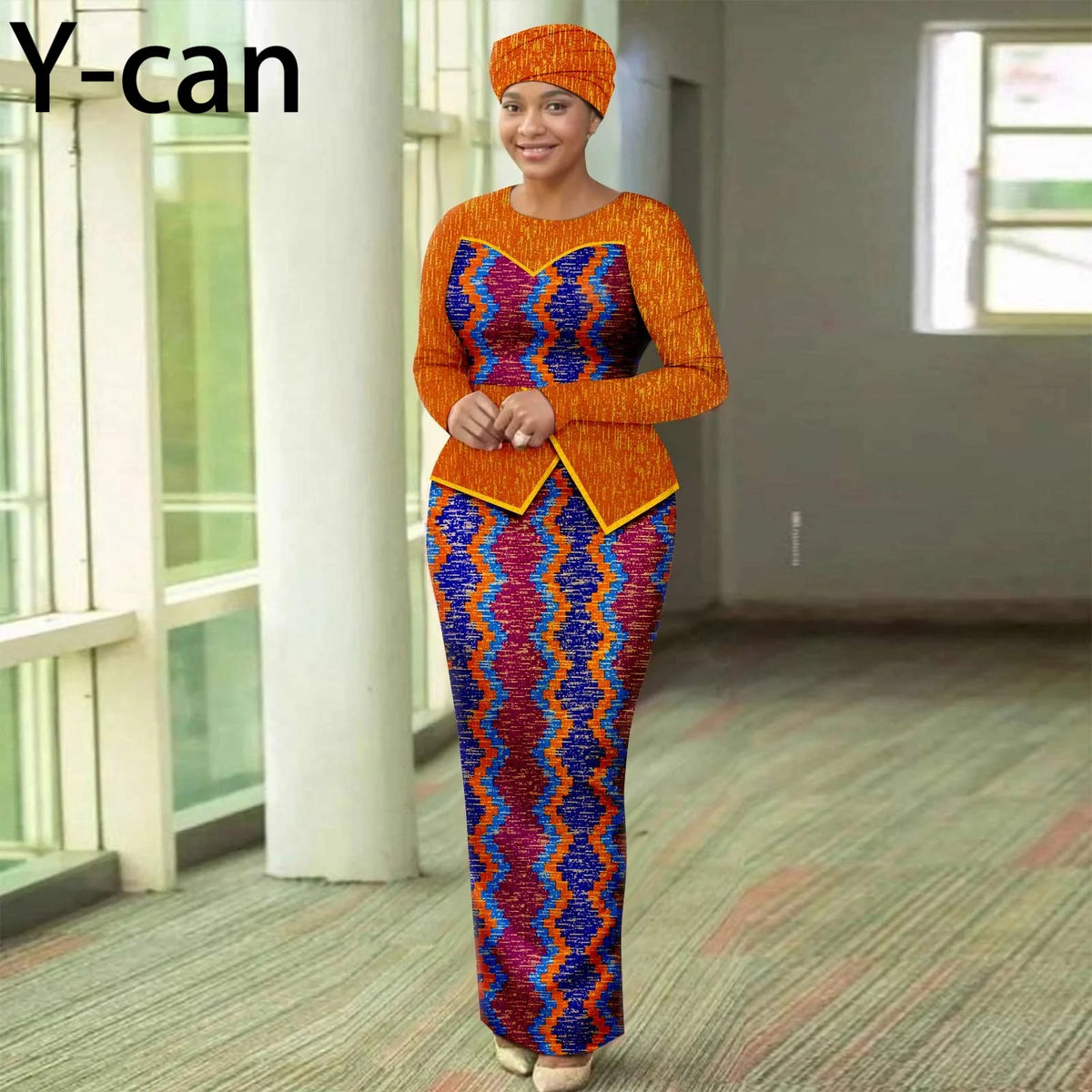 Women’s African Print Patchwork Gown with Headscarf – Elegant Wedding & Party Dress
