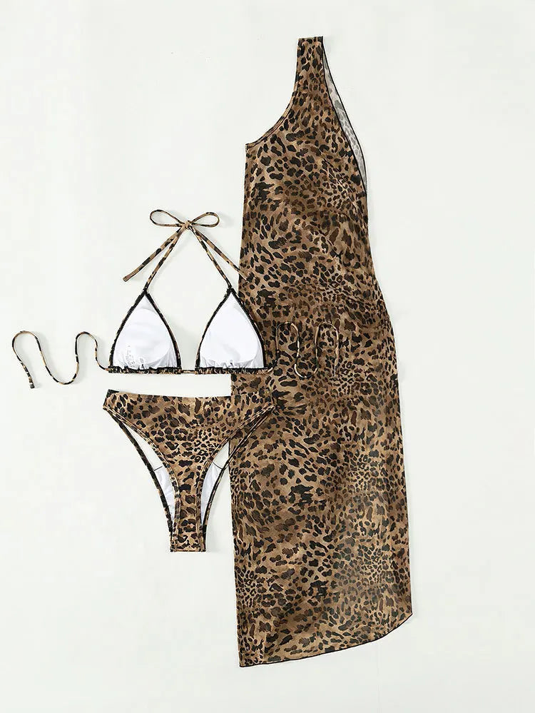 AMEHE 3-Piece Leopard Print Bikini with Mesh Beach Skirt